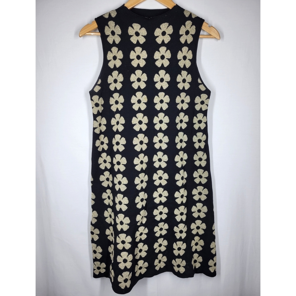 Sami + Dani Black Gold Daisy Print Knit Sleeveless Sweater Dress Size Medium